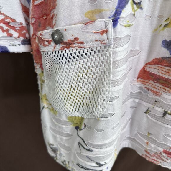Ali Miles Tunic Top MEDIUM Distressed Abstract Spatter White Mesh Accents - Picture 3 of 9